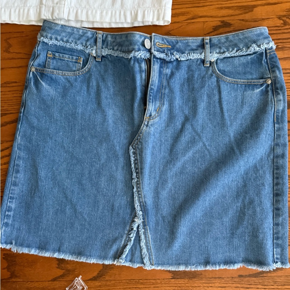 LOFT Blue Frayed Denim Mini Skirt